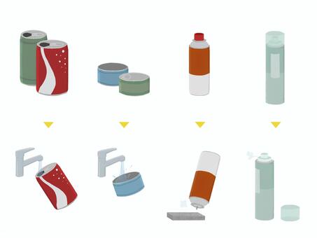 缶・スプレー缶のリサイクル手順 日常,缶,スプレー,リサイクル,資源ごみ,ごみ分別,エコ,sdgs,洗浄,水洗いのイラスト素材