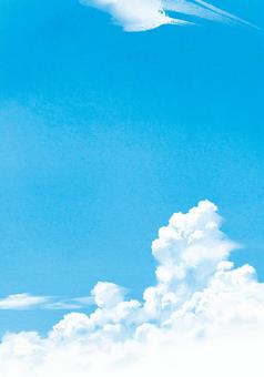 青空に入道雲 B 夏,入道雲,背景,空,雲,手描き,水彩,フレーム,自然,縦のイラスト素材