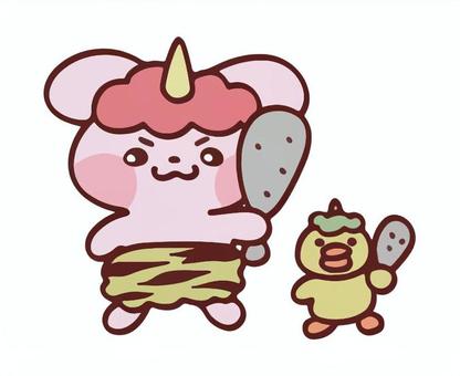 鬼のコスチュームのうさちゃん 鬼,節分,豆まき,2月,冬,アフロ,虎柄,うさぎ,ひよこ,おゆうぎ会のイラスト素材