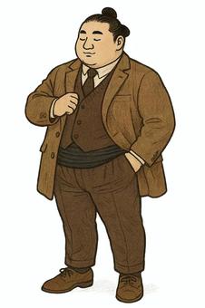 ちょんまげとスーツの男性