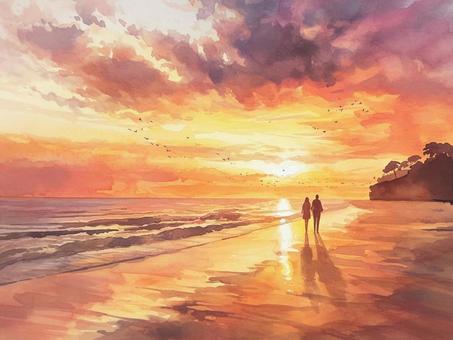 美しい夕日と夕焼けの中、浜辺を歩く男女