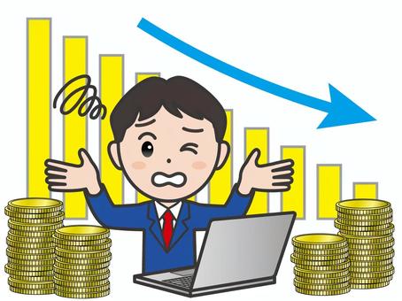 弐A：投資男子_資産下落_CS3 男性,困った,投資,棒グラフ,下落,減退,将来,絶望,貯金,貯蓄のイラスト素材