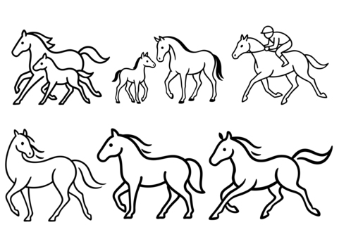 馬のシンプルな線画年賀状イラストセット 馬,競馬,セット,親子,家族,騎手,乗馬,ジョッキー,年賀状,賀年のイラスト素材