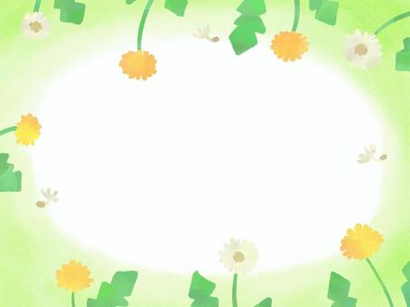 タンポポと春の野原の手描き水彩フレーム タンポポ,春,フレーム,背景,水彩,花,植物,手描き,綿毛,葉のイラスト素材