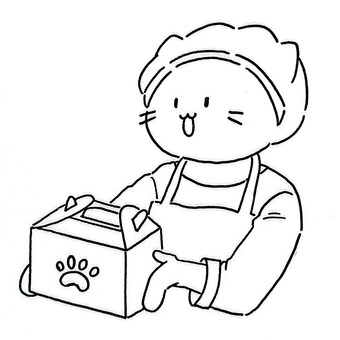 ケーキ箱を渡すねこ販売員(線画) 販売員,洋菓子店,和菓子店,菓子,デパ地下,デパート,百貨店,ケーキ,パティスリー,エプロンのイラスト素材