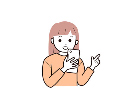 スマホと指差しで話す女子2／カラー 上半身,長袖,指差し,スマホ,話す,子供,女の子,女児,小学生,幼児のイラスト素材