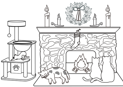 塗り絵・クリスマス・ネコ・キャットタワー 塗り絵,ぬりえ,クリスマス,冬,暖炉,レンガ,薪,石,火,暖かいのイラスト素材