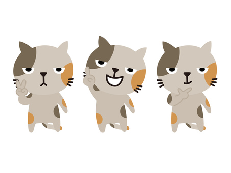 ぶち猫 猫,仔猫,ぶち,ふむふむ,これ,指差し,全身,ポーズ,ピース,キャラクターのイラスト素材