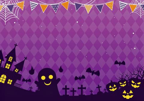 可愛いお化けとハロウィンの背景素材 秋,ハロウィン,洋館,かぼちゃ,お化け,蝙蝠,お墓,蜘蛛の巣,旗,ポップのイラスト素材