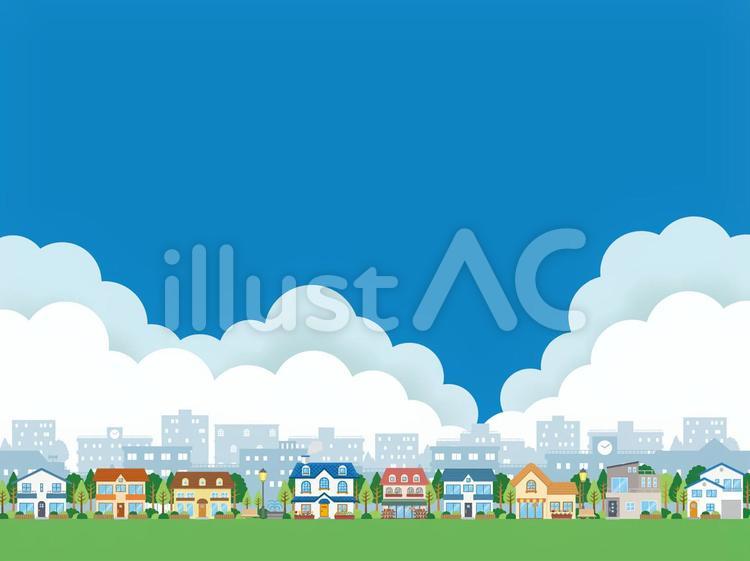 夏の青空と雲のある街並 街並,風景,建物のイラスト素材