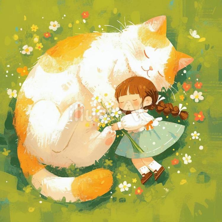 猫とお昼寝 #14 女の子,女性,子供のイラスト素材