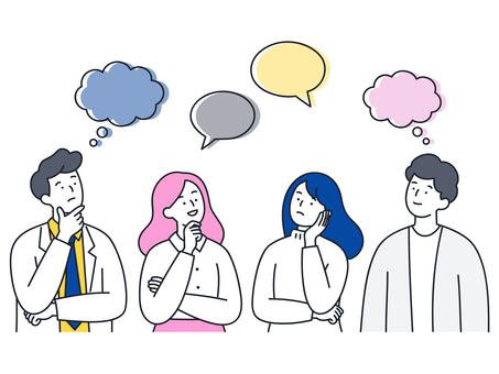 考える男女ビジネスチームのアイデア相談 人物,男性,女性,考える,悩む,思案,ひらめき,ブレスト,アイデア,会話のイラスト素材