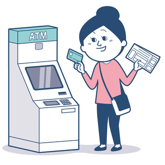 ATMで公共料金を振込む女性_淡色版 振り込み,atm,キャッシュカード,払い込み,入金,現金,詐欺,公共料金,用紙,ペイジーのイラスト素材