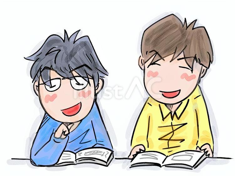 読書・勉強する男の子２人☆手描きイラスト 読書,男の子,勉強のイラスト素材