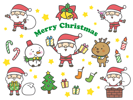 かわいいサンタクロースとクリスマスセット サンタクロース,サンタ,サンタさん,トナカイ,スノーマン,雪だるま,マフラー,手袋,クリスマス,merryのイラスト素材