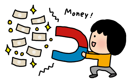 お金を引き寄せている女性 人物,女性,大人,二頭身,ポーズ,手描き,かわいい,引き寄せ,願望,スピリチュアルのイラスト素材