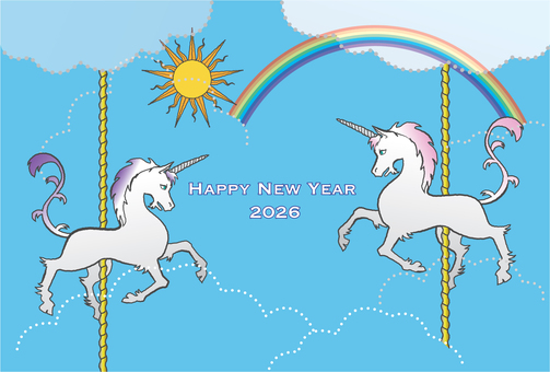 空の回転木馬のユニコーン年賀状青背景 年賀状,2026年,午年,ユニコーン,空,回転木馬,青,賀詞,メリーゴーランド,新年のイラスト素材