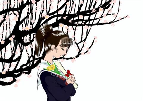 梅の花と卒業生 卒業,女子高校生,瞑った目,梅,春,セーラー服,ポニーテール,水仙,後れ毛,黒髪のイラスト素材