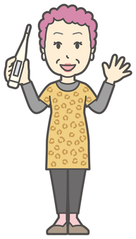  大阪のおばちゃん-187-全身 体温計,おばちゃん,大阪,ヒョウ柄,おばはん,中年,女性,関西,派手,おばさんのイラスト素材