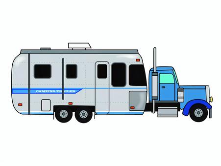 キャンピングトレーラー(青) キャンピングトレーラー(青) トラック,横向き,車,キャンピングカー,キャンピングトレーラー,トレーラーハウス,キャンプ,アメリカンのイラスト素材