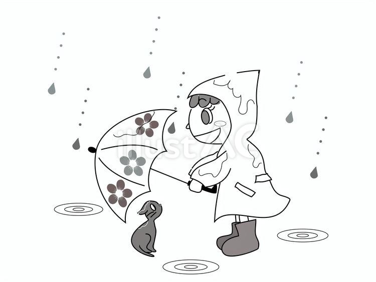 雨の中の優しさモノトーン 雨,女の子,猫のイラスト素材