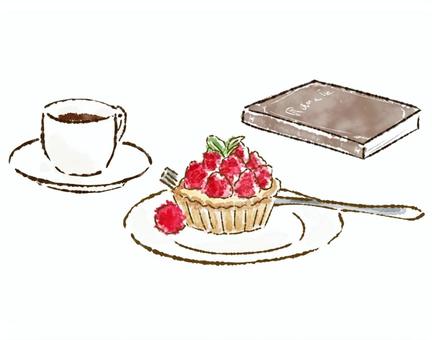 ケーキ　タルト　イチゴ　コーヒー　本 ケーキ,タルト,コーヒー,本,水彩,皿,お菓子,ベリー,デザート,スイーツのイラスト素材