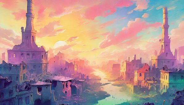 Desolate townscape and sunset background illustration, , JPG