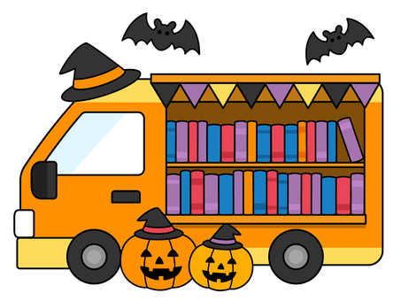ハロウィンな移動図書館 車,移動図書館,ハロウィン,10月,コウモリ,カボチャ,本,イラスト,主線ありのイラスト素材