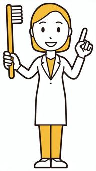  女性医師白衣(黄)-516-全身 歯磨き,女医,医師,女性,白衣,スクラブ,医者,病院,医療,ドクターコートのイラスト素材