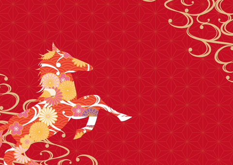 おしゃれな赤色の花柄の馬の和風背景素材 午年,正月,和風,和柄,馬,花,渦,曲線,背景のイラスト素材