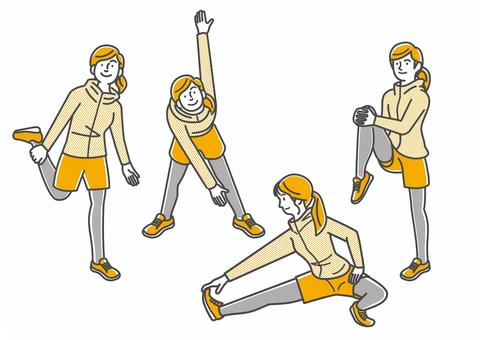 Illustration material of 4 poses of a woman doing warm-up exercises, , JPG, PNG and AI