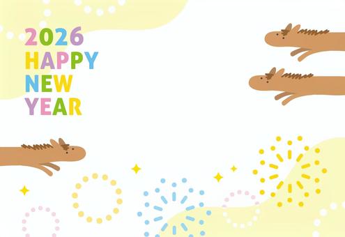 2026年午年かわいい年賀状、馬と花火5 年賀状,馬,花火,午年,2026,2026年,正月,お正月,おしゃれ,手描きのイラスト素材