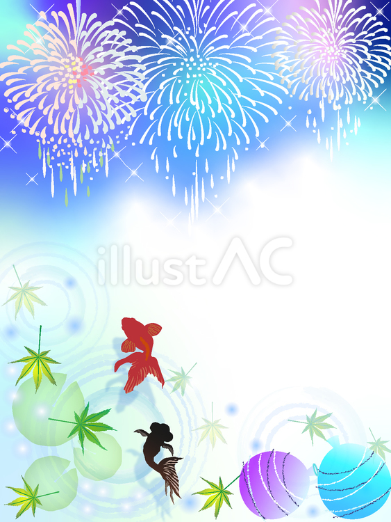 夏の金魚と花火の背景　タテ 花火,金魚,夏のイラスト素材