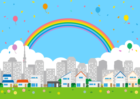 可愛い虹と都会の街のイラスト風景素材 街,都会,家,ビル,オフィス,タワー,青空,雲,虹,花のイラスト素材