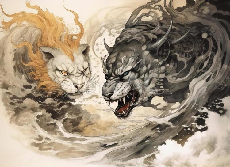 日本画 武士と獅子の線画　イラスト　フレーム付き　　　A4サイズ 日本画 武士と獅子の線画 イラスト フレーム付き A4サイズ 美術