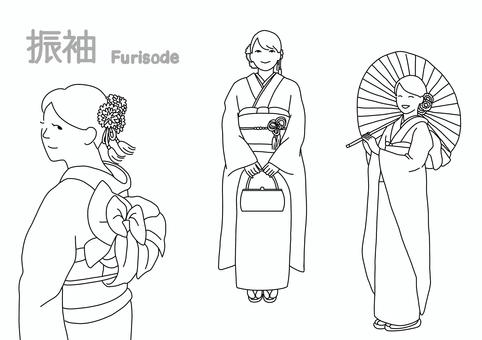 振袖線画 振袖,成人式,着物,和服,20歳,着付け,日本,和傘,帯,髪飾りのイラスト素材