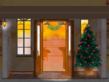 カフェのイラスト　グリーンツリー夜 カフェ,店舗,喫茶店,飲食店,正面,クリスマスツリー,入り口,夜,クリスマスリース,クリスマスのイラスト素材