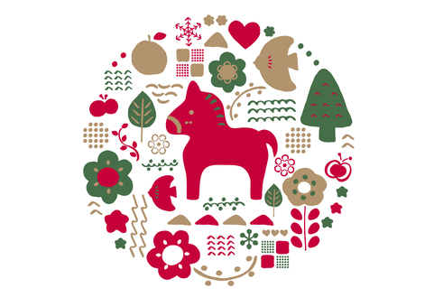 北欧風馬と自然の赤・金色・緑ロゴイラスト 北欧風,午,年賀,年賀状,北欧,午年,馬,洋風,カジュアル,ノルディックのイラスト素材