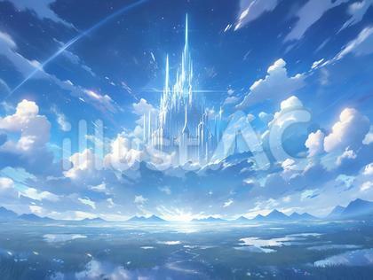 青い輝きを放つ異世界風な雲上の城_背景画