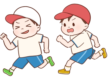 走る子供たち(帽子カラー) 子供,男の子,男児,小学生,幼稚園児,園児,体操服,かけっこ,鬼ごっこ,徒競走のイラスト素材