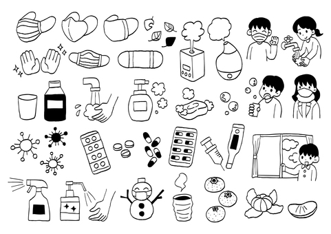 冬・感染症・風邪 対策 ラフイラスト 感染症,冬,予防,対策,コロナ,インフルエンザ,熱,風邪,かぜ,マスクのイラスト素材