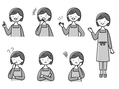 女性ポーズセット-モノクロ 指差し,顎に手,考える,オーケー,グッド,驚き,びっくり,悩む,モヤモヤ,腰に手のイラスト素材