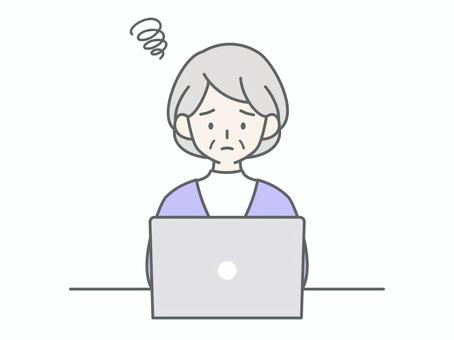 パソコンを見て困るシニア女性 人物,女,祖母,おばあちゃん,老人,高齢者,お年寄り,シニア,白髪,困るのイラスト素材