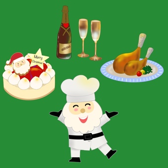 コックのサンタとクリスマスのお食事会 料理,食事,クリスマス,飲みもの,セット,コックさん,食べ物,ケーキ,シャンパン,チキンのイラスト素材