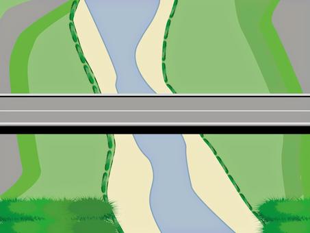 川にかかるシンプルな橋 川,河川敷,橋,草むら,道路のイラスト素材