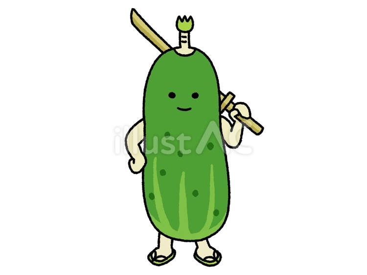木刀を持つちょんまげ姿の加賀太きゅうり 加賀太きゅうり,手描き,ゆるいのイラスト素材
