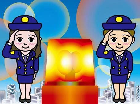婦警とパトカーの緊急回転灯（2）CS3 警察官,婦人警官,婦警,回転灯,事件,事件現場,110番,警察,ビル街,都会のイラスト素材