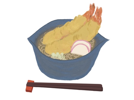大きな海老が乗った天ぷらそば 油絵風,和食,天ぷらそば,料理,手描きのイラスト素材