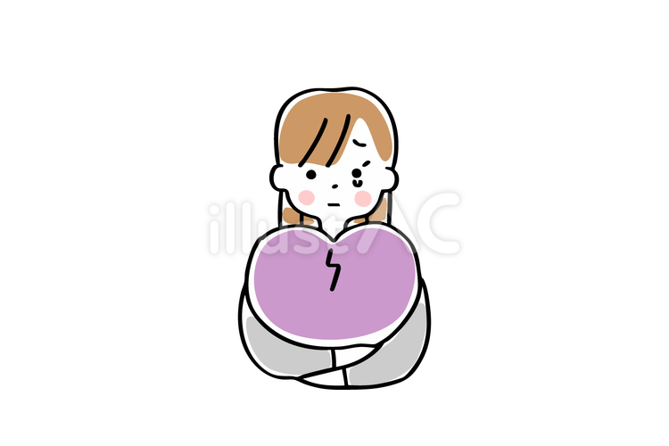 割れたハートを持つ悲しい表情の女性＿単品 ハート,心,メンタルのイラスト素材