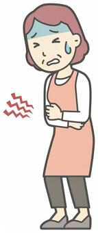 お腹が痛くて苦しんでいるおばさん 苦しい,女性,人,主婦,中年,シニア,エプロン,ママ,お母さん,おかんのイラスト素材
